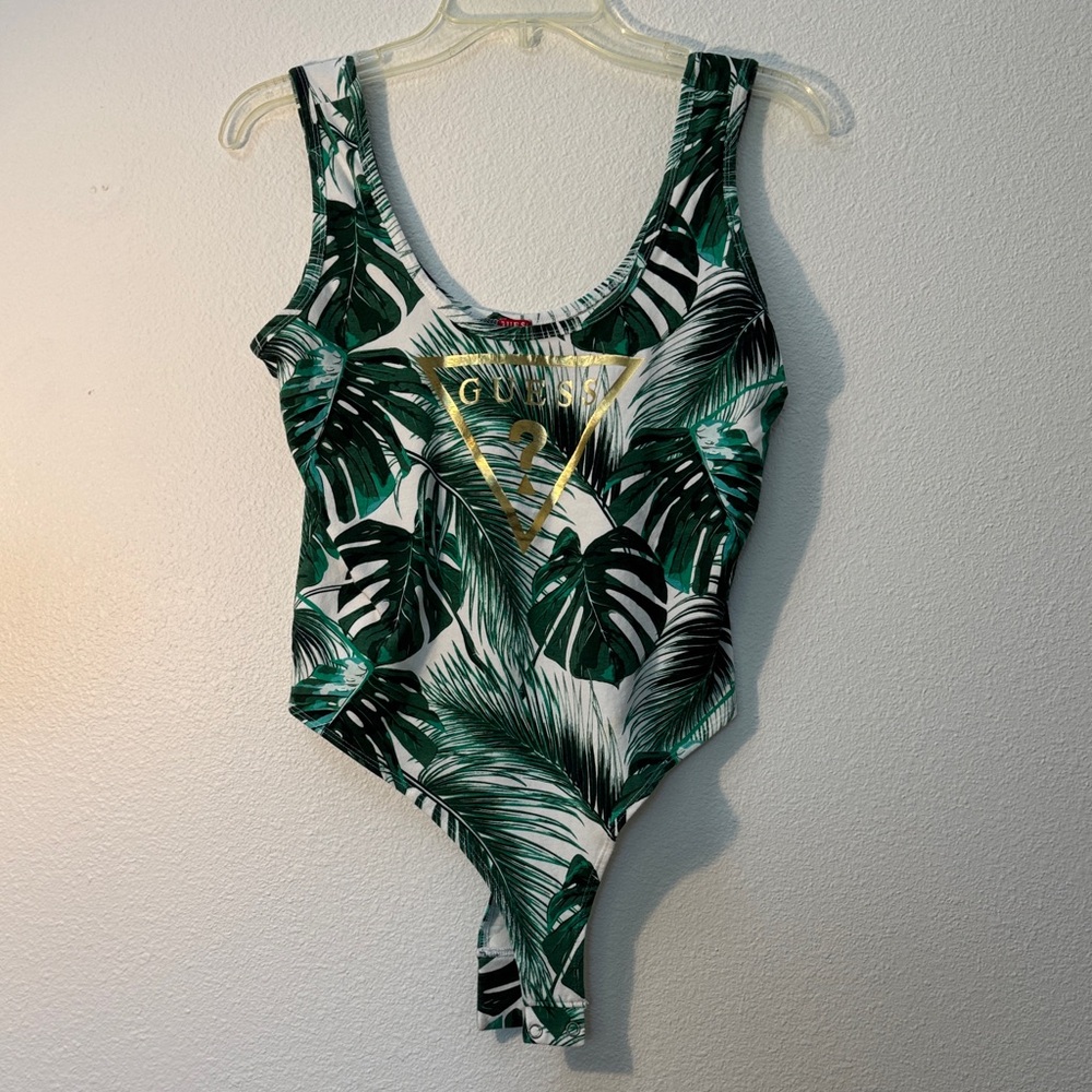 Guess Women’s Tropical Leaf Bodysuit - Green and Black